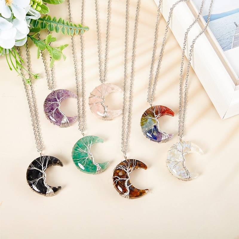 7 Chakras Tree of Life Natural Stone Wire Wrapped Crescent Moon Pendant Necklace Necklaces New Arrivals Pendants Women Jewelry 