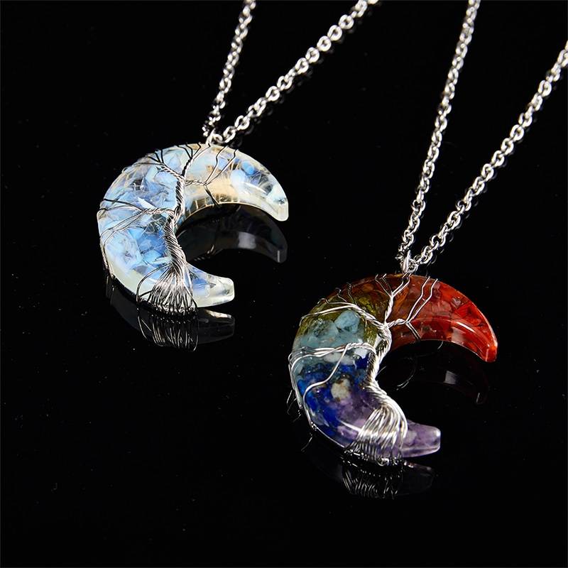 7 Chakras Tree of Life Natural Stone Wire Wrapped Crescent Moon Pendant Necklace Necklaces New Arrivals Pendants Women Jewelry 
