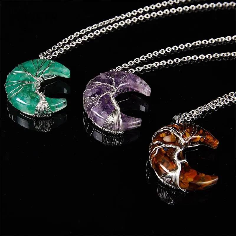 7 Chakras Tree of Life Natural Stone Wire Wrapped Crescent Moon Pendant Necklace Necklaces New Arrivals Pendants Women Jewelry 
