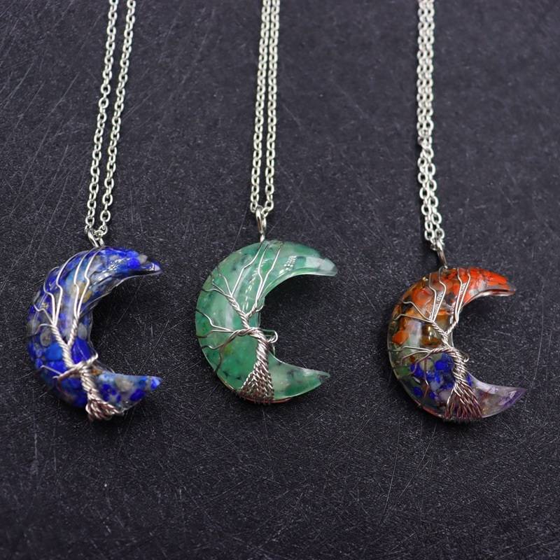 7 Chakras Tree of Life Natural Stone Wire Wrapped Crescent Moon Pendant Necklace Necklaces New Arrivals Pendants Women Jewelry 