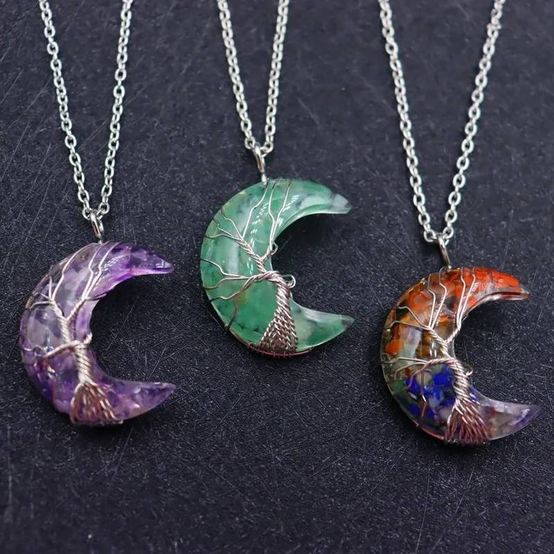 7 Chakras Tree of Life Natural Stone Wire Wrapped Crescent Moon Pendant Necklace Necklaces New Arrivals Pendants Women Jewelry 