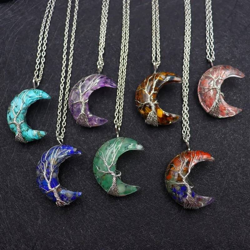 7 Chakras Tree of Life Natural Stone Wire Wrapped Crescent Moon Pendant Necklace Necklaces New Arrivals Pendants Women Jewelry 