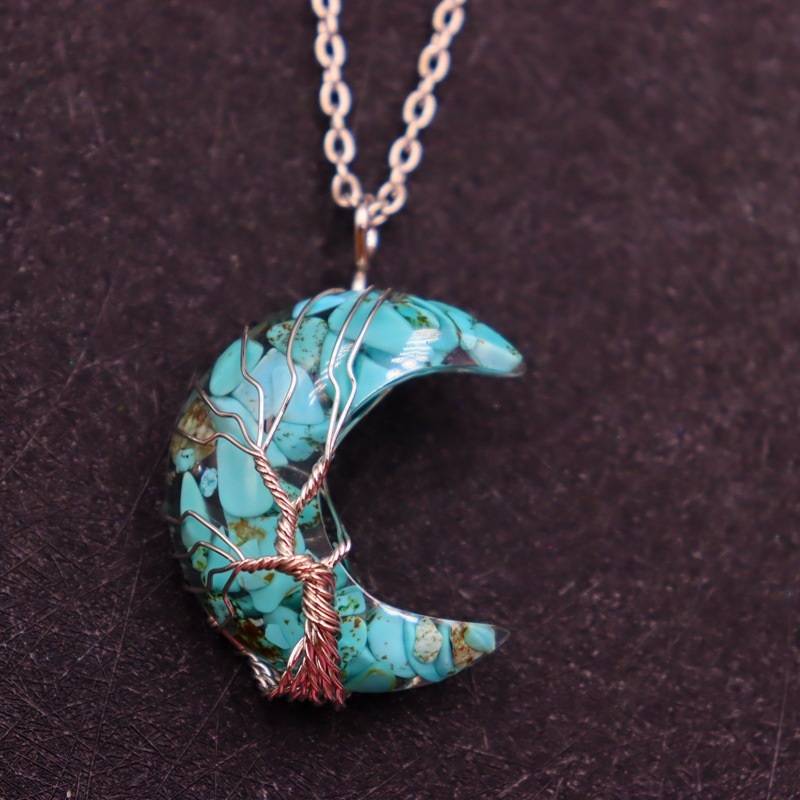7 Chakras Tree of Life Natural Stone Wire Wrapped Crescent Moon Pendant Necklace Necklaces New Arrivals Pendants Women Jewelry 
