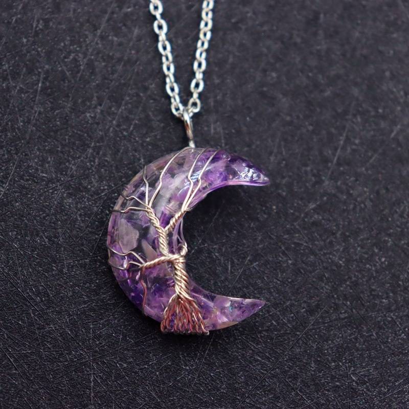 7 Chakras Tree of Life Natural Stone Wire Wrapped Crescent Moon Pendant Necklace Necklaces New Arrivals Pendants Women Jewelry 