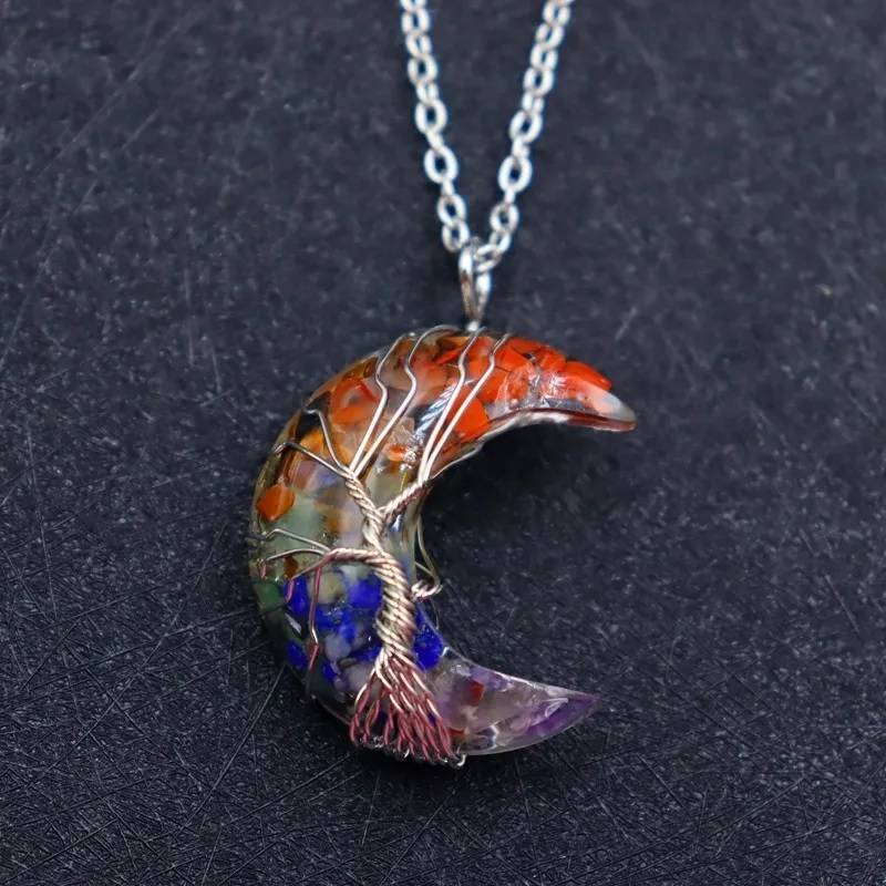 7 Chakras Tree of Life Natural Stone Wire Wrapped Crescent Moon Pendant Necklace Necklaces New Arrivals Pendants Women Jewelry 