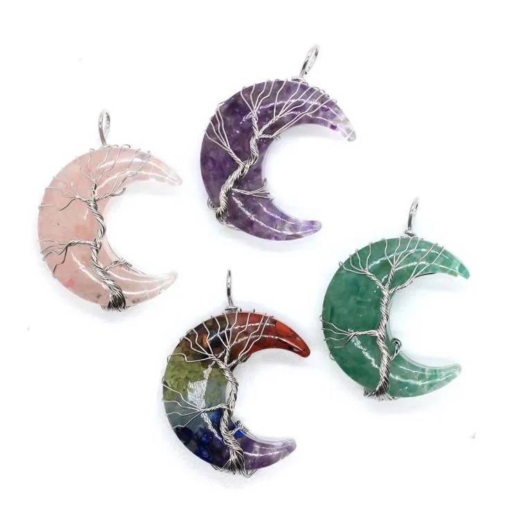 7 Chakras Tree of Life Natural Stone Wire Wrapped Crescent Moon Pendant Necklace Necklaces New Arrivals Pendants Women Jewelry 