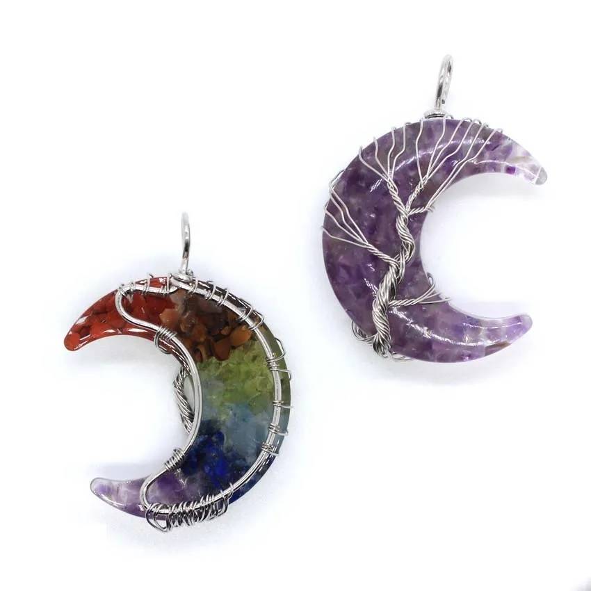 7 Chakras Tree of Life Natural Stone Wire Wrapped Crescent Moon Pendant Necklace Necklaces New Arrivals Pendants Women Jewelry 