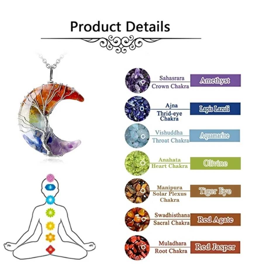 7 Chakras Tree of Life Natural Stone Wire Wrapped Crescent Moon Pendant Necklace Necklaces New Arrivals Pendants Women Jewelry 