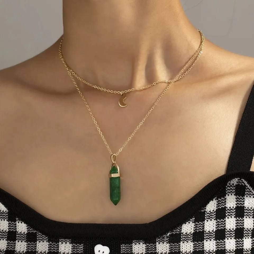 Bohemian Natural Stone Hexagon Bar Pendant Necklace Necklaces New Arrivals Pendants Women Jewelry 