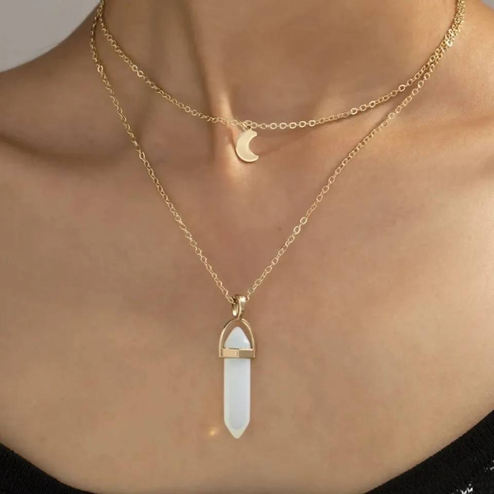 Bohemian Natural Stone Hexagon Bar Pendant Necklace Necklaces New Arrivals Pendants Women Jewelry 