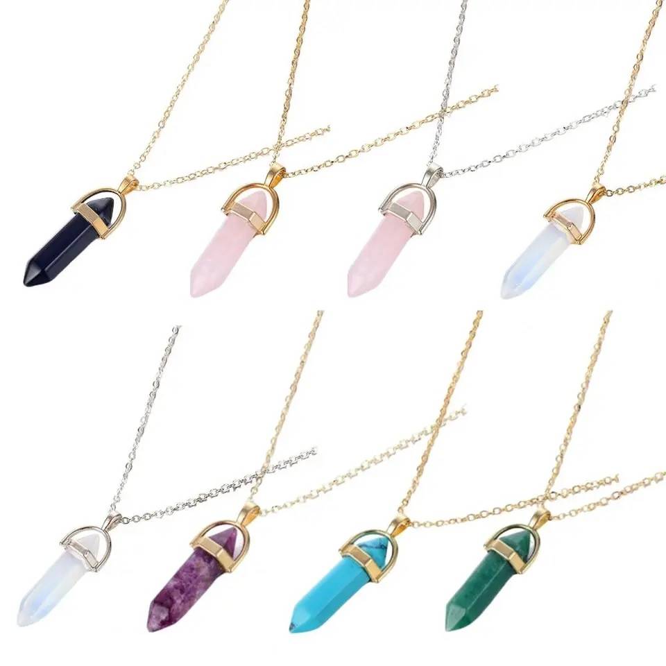 Bohemian Natural Stone Hexagon Bar Pendant Necklace Necklaces New Arrivals Pendants Women Jewelry 