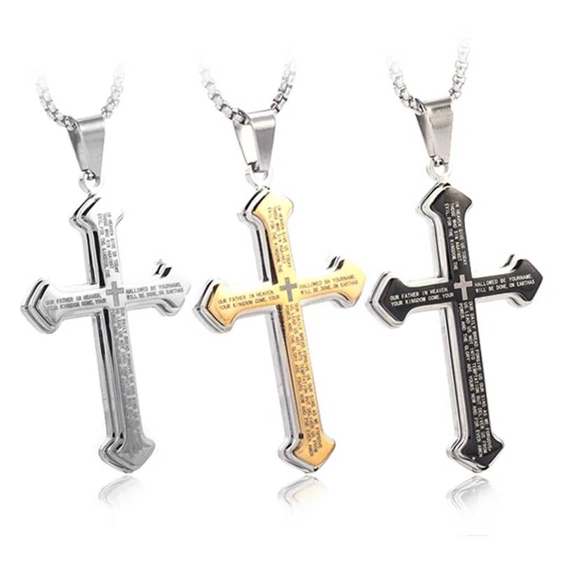Christian Bible Verse Stainless Steel Cross Pendant Necklace Men Jewelry Necklaces 