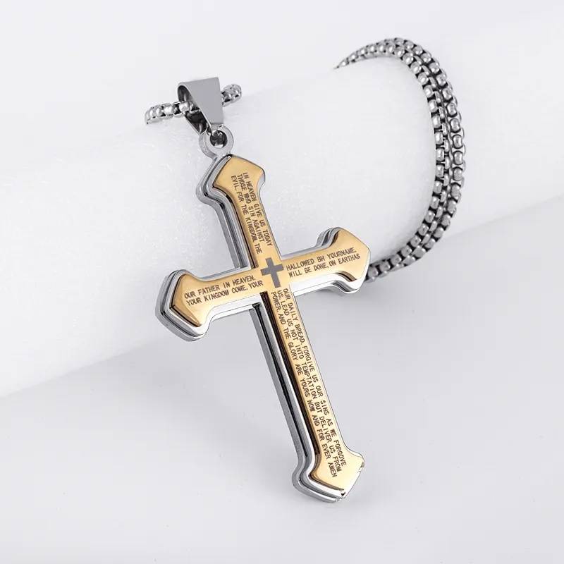 Christian Bible Verse Stainless Steel Cross Pendant Necklace Men Jewelry Necklaces 