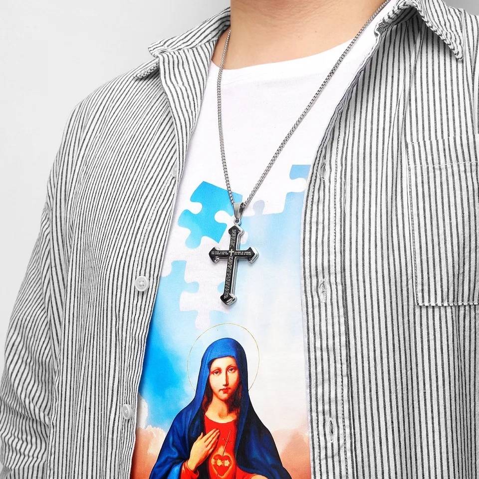 Christian Bible Verse Stainless Steel Cross Pendant Necklace Men Jewelry Necklaces 