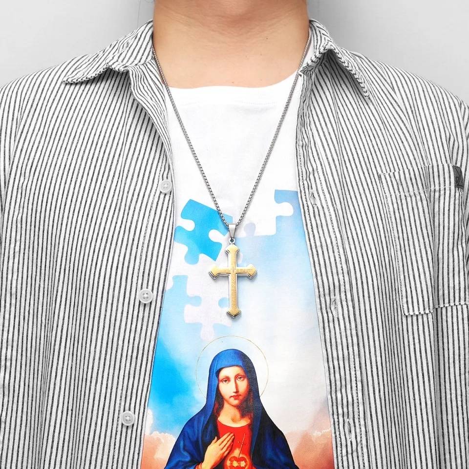 Christian Bible Verse Stainless Steel Cross Pendant Necklace Men Jewelry Necklaces 