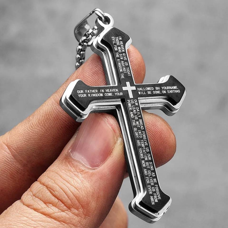 Christian Bible Verse Stainless Steel Cross Pendant Necklace Men Jewelry Necklaces 