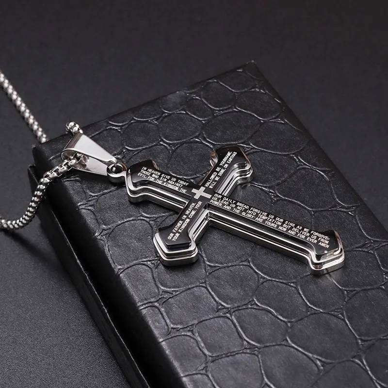 Christian Bible Verse Stainless Steel Cross Pendant Necklace Men Jewelry Necklaces 