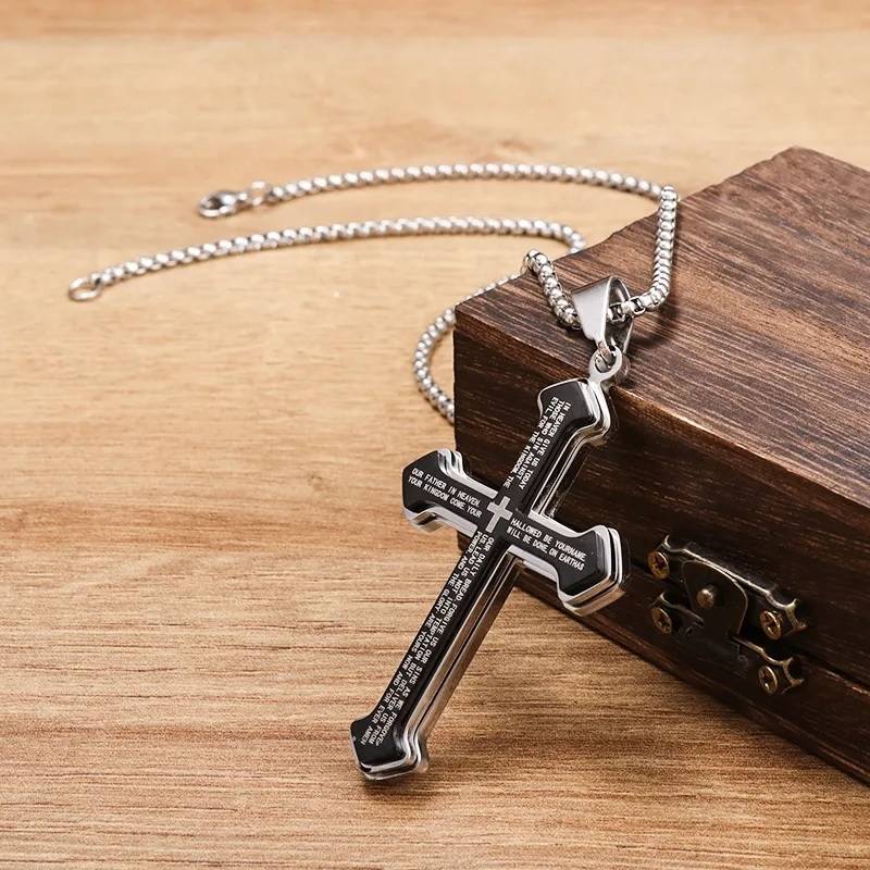 Christian Bible Verse Stainless Steel Cross Pendant Necklace Men Jewelry Necklaces 