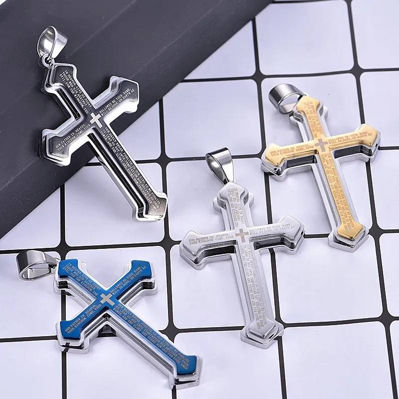 Christian Bible Verse Stainless Steel Cross Pendant Necklace Men Jewelry Necklaces 