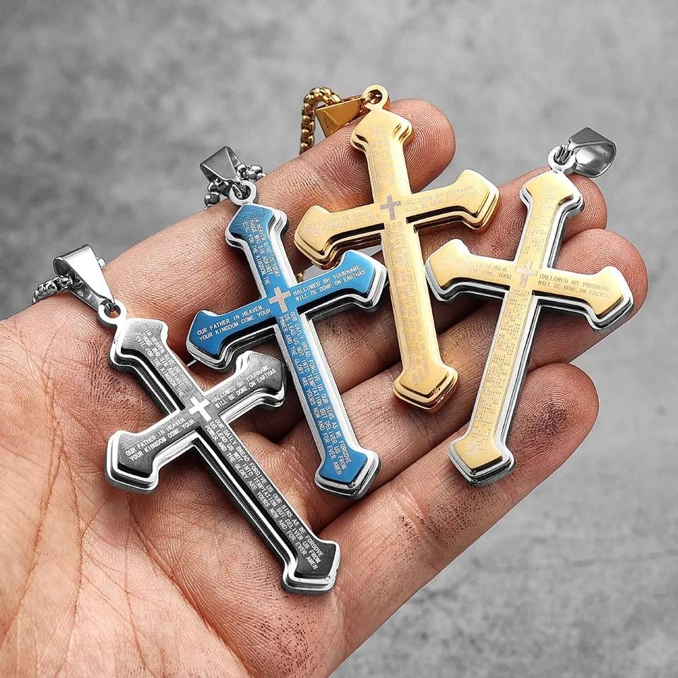 Christian Bible Verse Stainless Steel Cross Pendant Necklace Men Jewelry Necklaces 