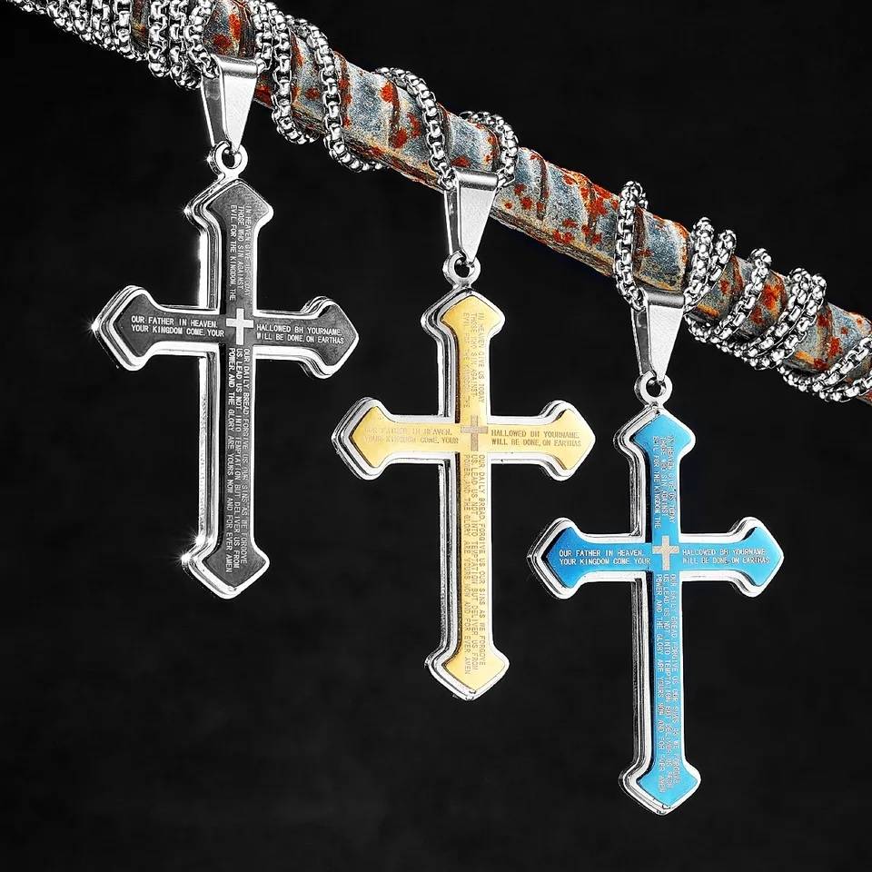 Christian Bible Verse Stainless Steel Cross Pendant Necklace Men Jewelry Necklaces 