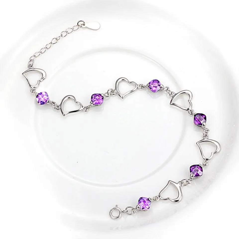 925 Sterling Silver Love Heart Purple Amethyst Bracelet Bracelets & Bangles New Arrivals Women Jewelry 