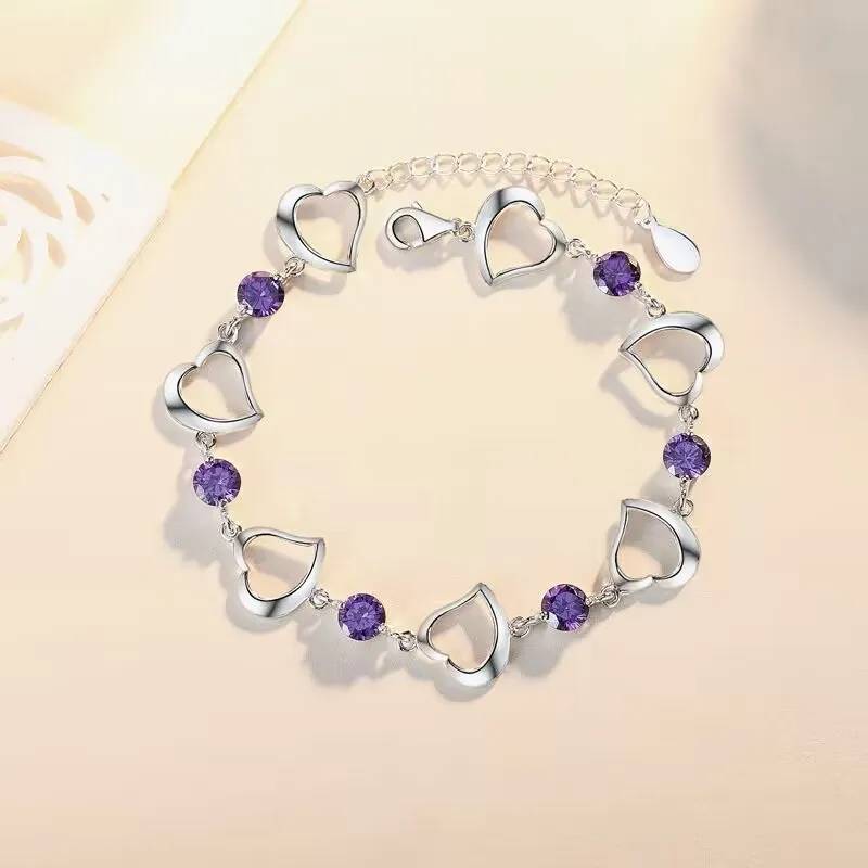 925 Sterling Silver Love Heart Purple Amethyst Bracelet Bracelets & Bangles New Arrivals Women Jewelry 