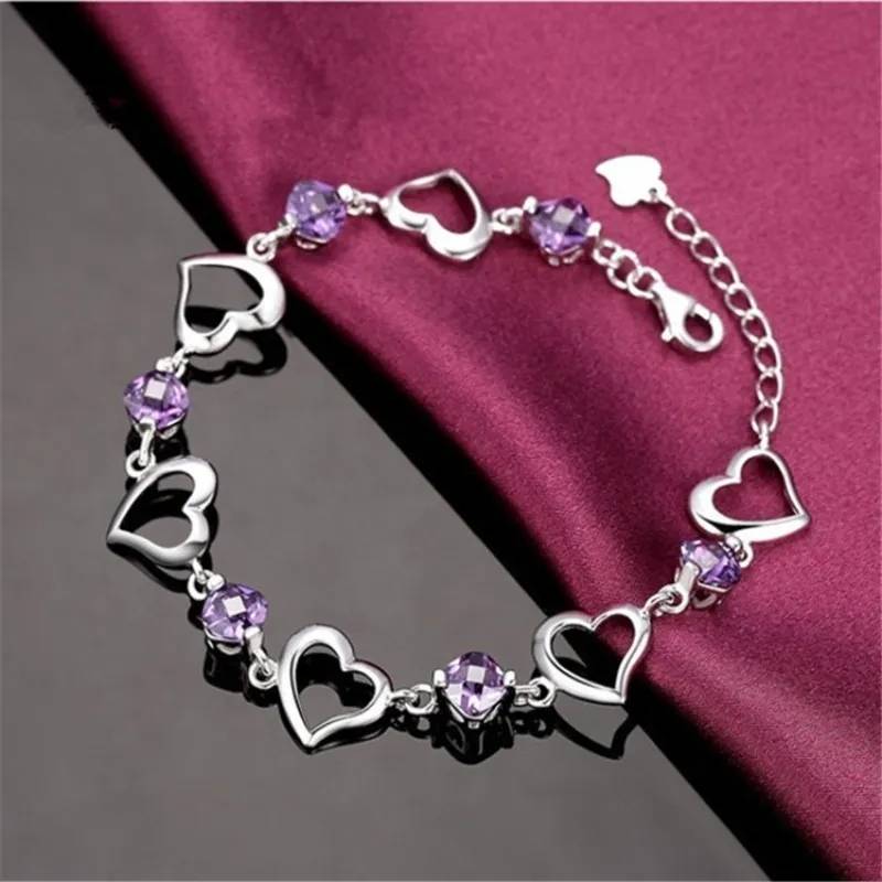 925 Sterling Silver Love Heart Purple Amethyst Bracelet Bracelets & Bangles New Arrivals Women Jewelry 