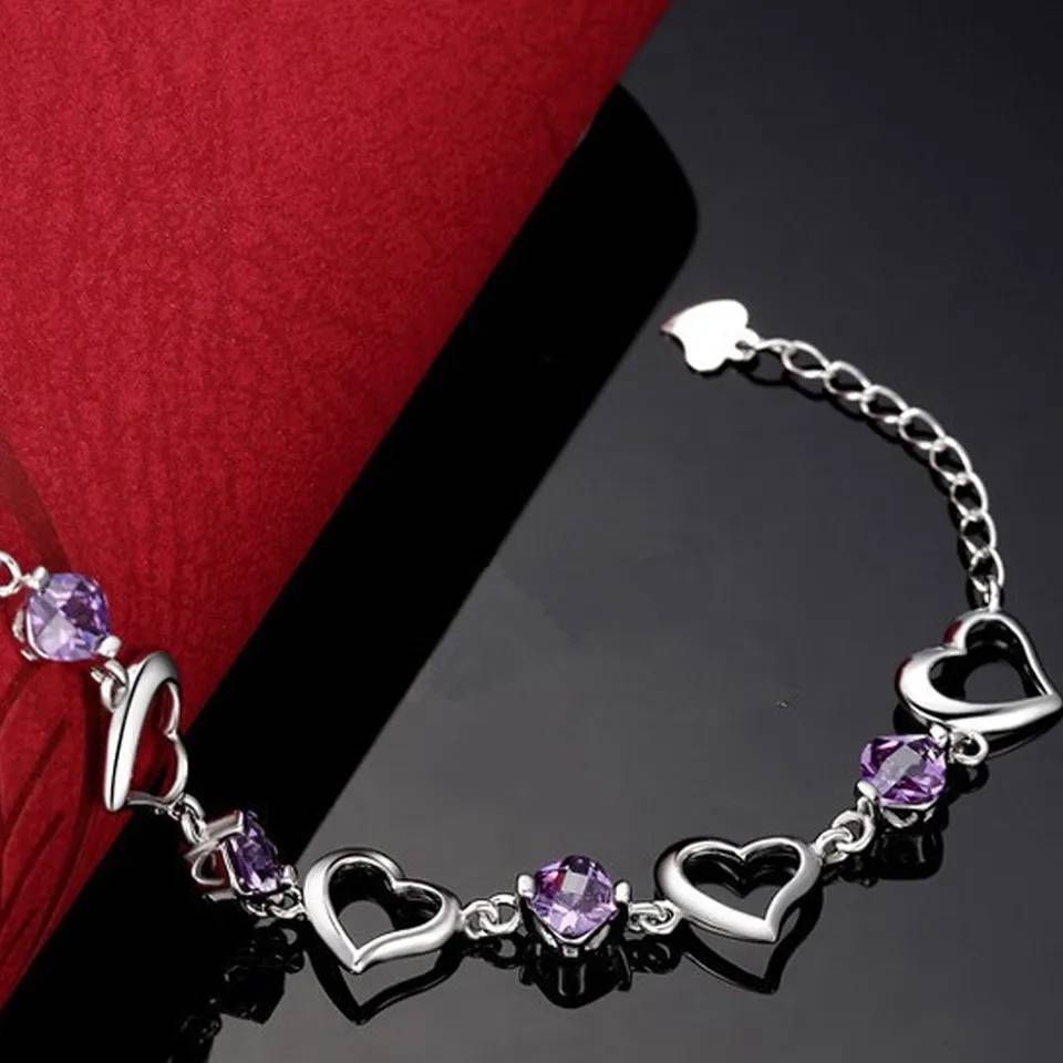 925 Sterling Silver Love Heart Purple Amethyst Bracelet Bracelets & Bangles New Arrivals Women Jewelry 