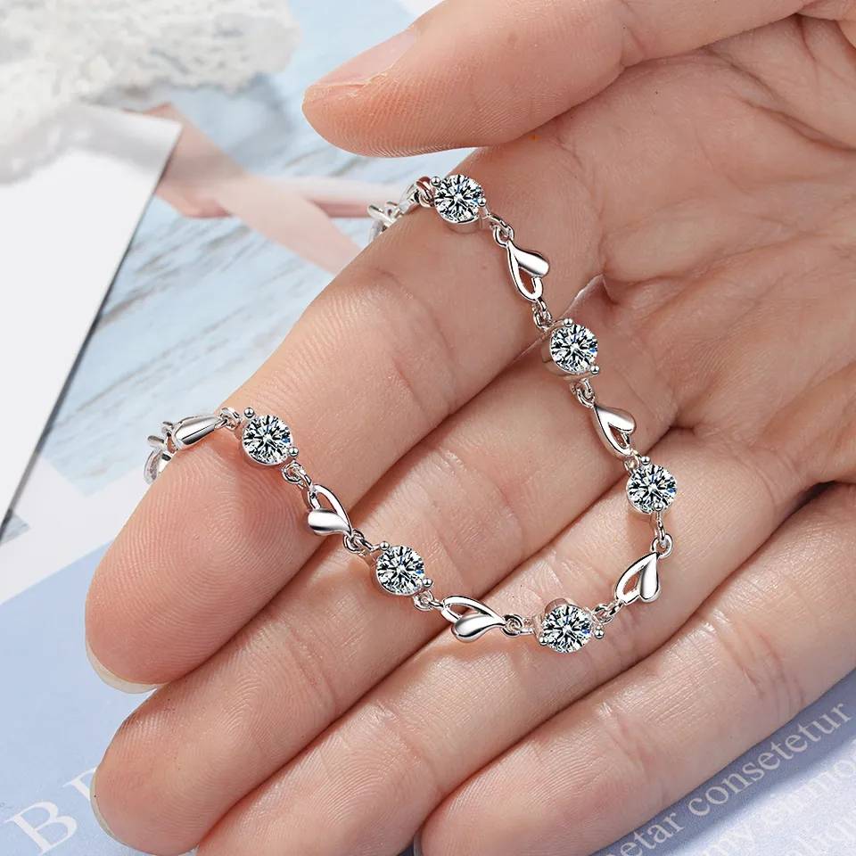 925 Sterling Silver Love Heart Shaped Cubic Zirconia Bracelet Bracelets & Bangles New Arrivals Women Jewelry 