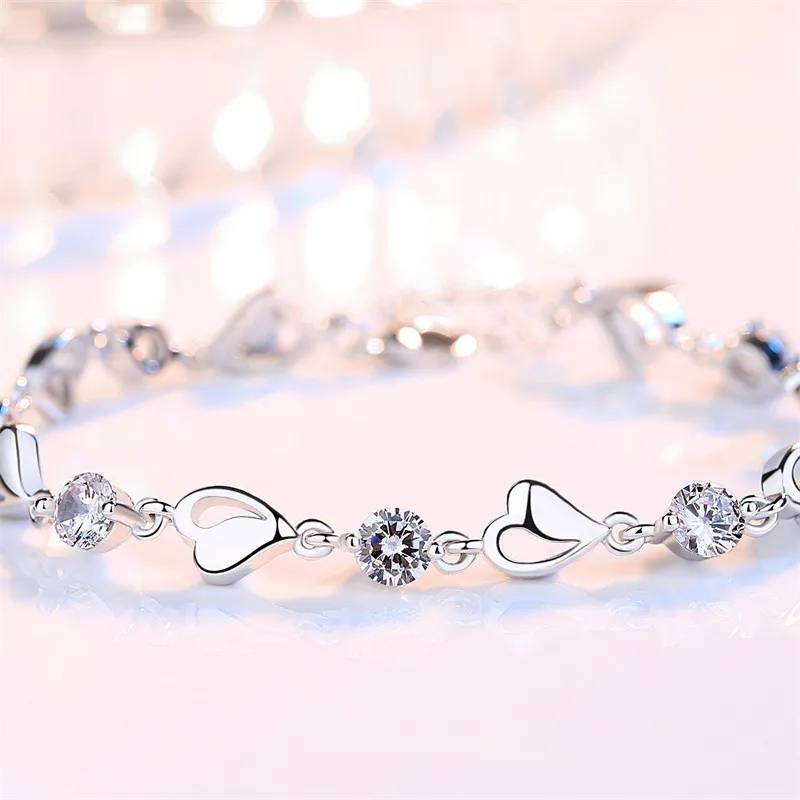 925 Sterling Silver Love Heart Shaped Cubic Zirconia Bracelet Bracelets & Bangles New Arrivals Women Jewelry 