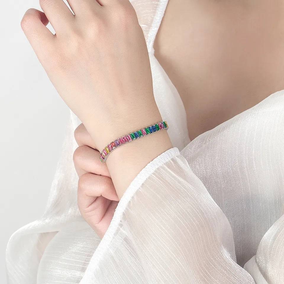 925 Sterling Silver Rainbow Colorful Cubic Zirconia Bracelet Bracelets & Bangles New Arrivals Women Jewelry 