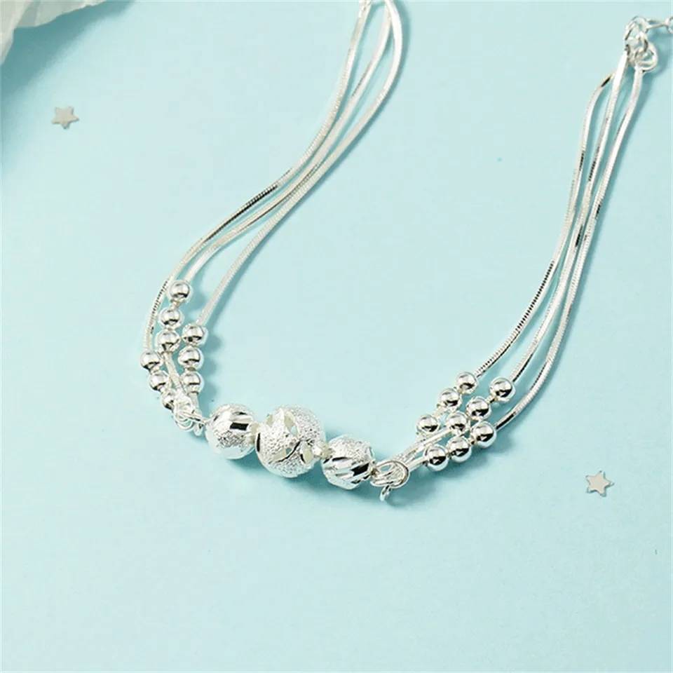925 Sterling Silver Round Ball Beads Multi Layered Charm Bracelet Bracelets & Bangles New Arrivals Women Jewelry 