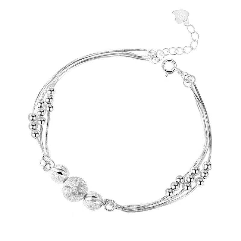 925 Sterling Silver Round Ball Beads Multi Layered Charm Bracelet Bracelets & Bangles New Arrivals Women Jewelry 