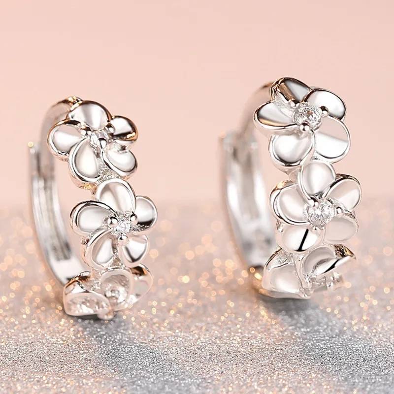 925 Sterling Silver Small Flowers Floral Round Hoop Earrings Earrings New Arrivals Women Jewelry 
