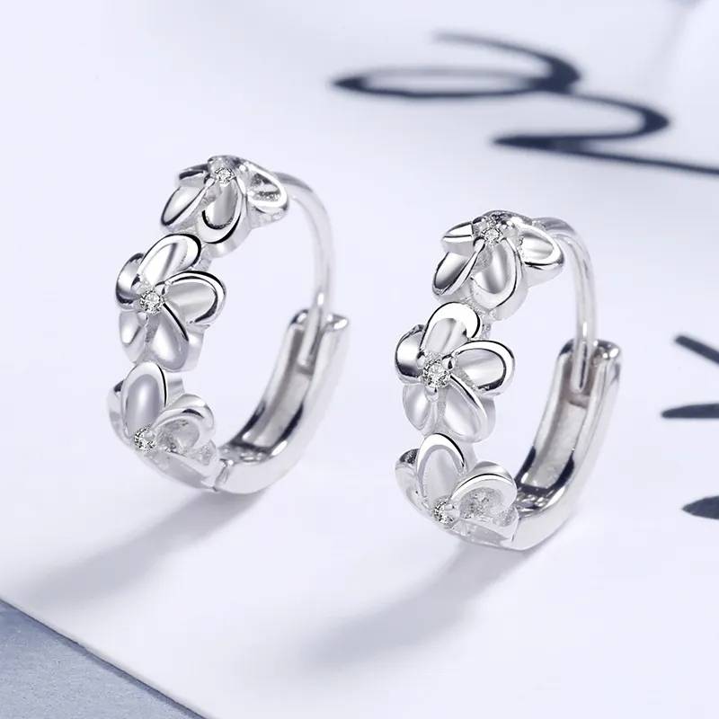 925 Sterling Silver Small Flowers Floral Round Hoop Earrings Earrings New Arrivals Women Jewelry 