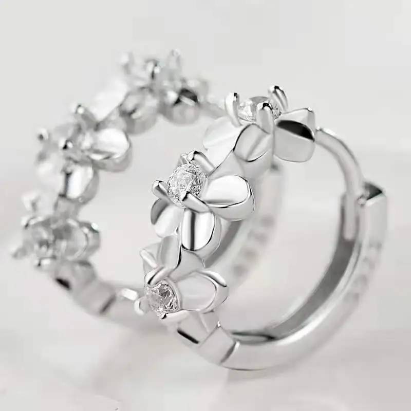 925 Sterling Silver Small Flowers Floral Round Hoop Earrings Earrings New Arrivals Women Jewelry 
