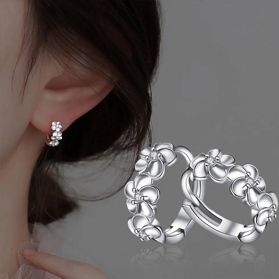 925 Sterling Silver Small Flowers Floral Round Hoop Earrings Earrings New Arrivals Women Jewelry 