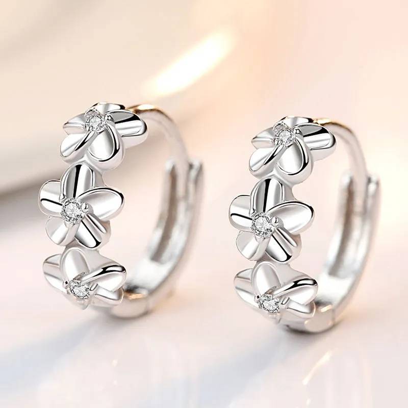 925 Sterling Silver Small Flowers Floral Round Hoop Earrings Earrings New Arrivals Women Jewelry 