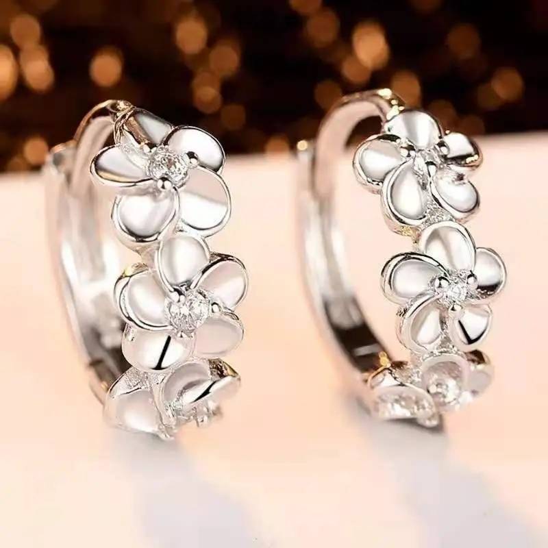 925 Sterling Silver Small Flowers Floral Round Hoop Earrings Earrings New Arrivals Women Jewelry 