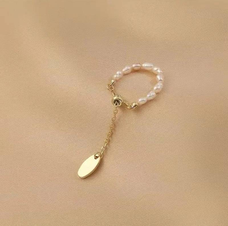 French Style Pearl Pull Chain Adjustable Golden Ring 