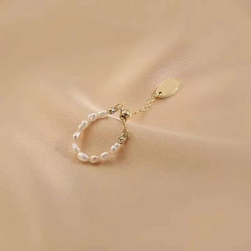French Style Pearl Pull Chain Adjustable Golden Ring 