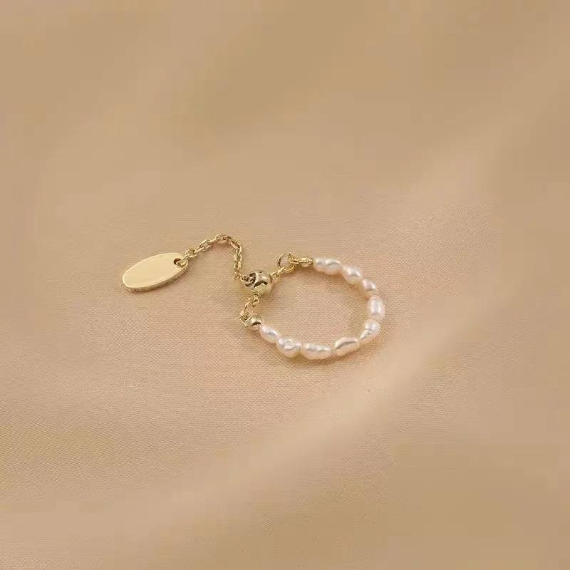 French Style Pearl Pull Chain Adjustable Golden Ring 