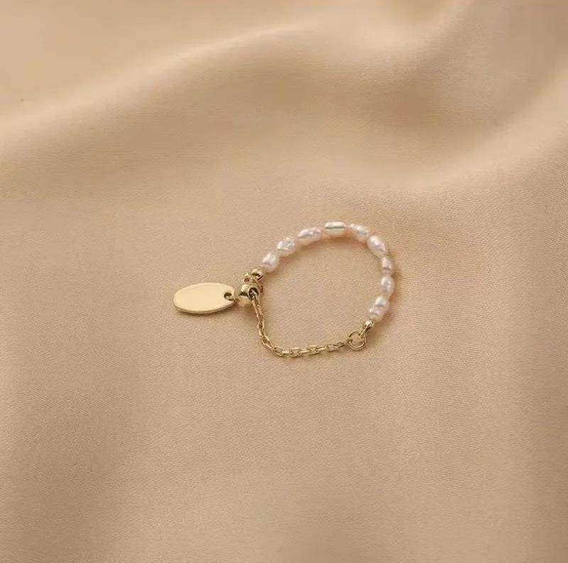 French Style Pearl Pull Chain Adjustable Golden Ring 