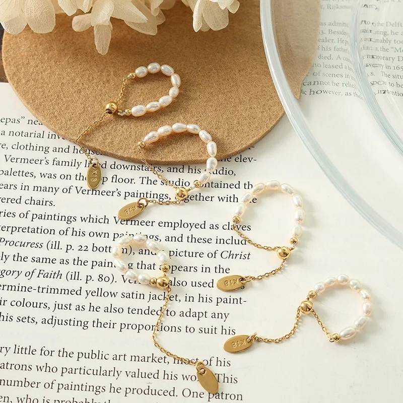 French Style Pearl Pull Chain Adjustable Golden Ring 