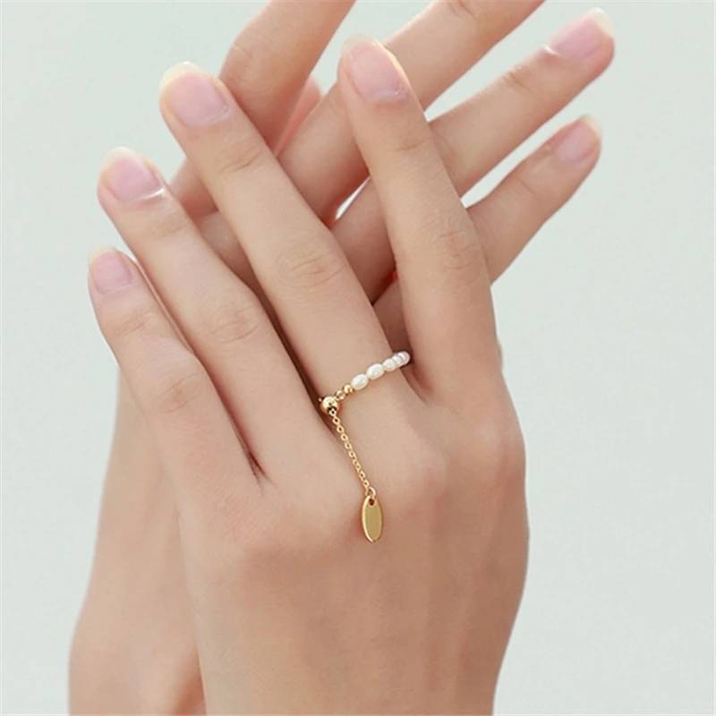 French Style Pearl Pull Chain Adjustable Golden Ring 