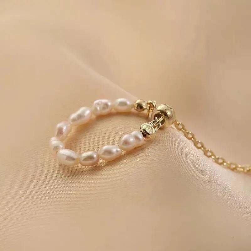 French Style Pearl Pull Chain Adjustable Golden Ring 