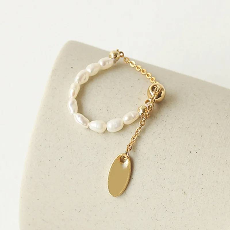 French Style Pearl Pull Chain Adjustable Golden Ring 