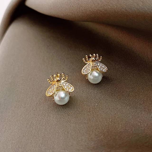 Luxurious Faux Pearl Cubic Zirconia Bee Insect Earrings Earrings New Arrivals Women Jewelry 