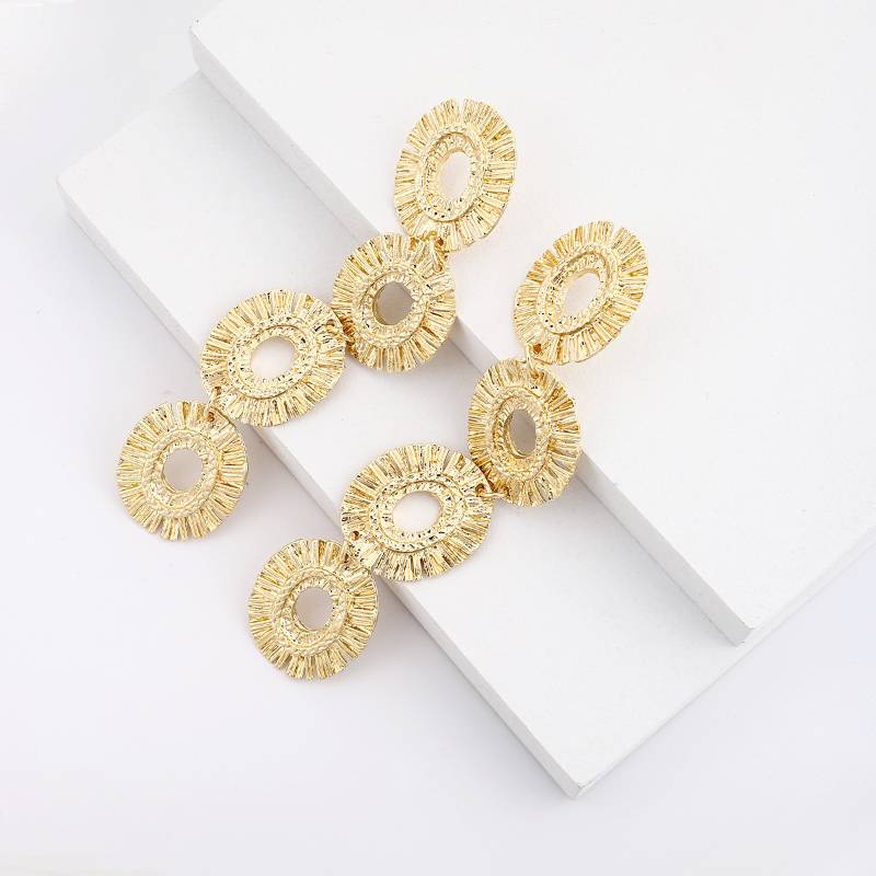 Long Golden Silvery Circular Discs Pendant Drop Earrings 